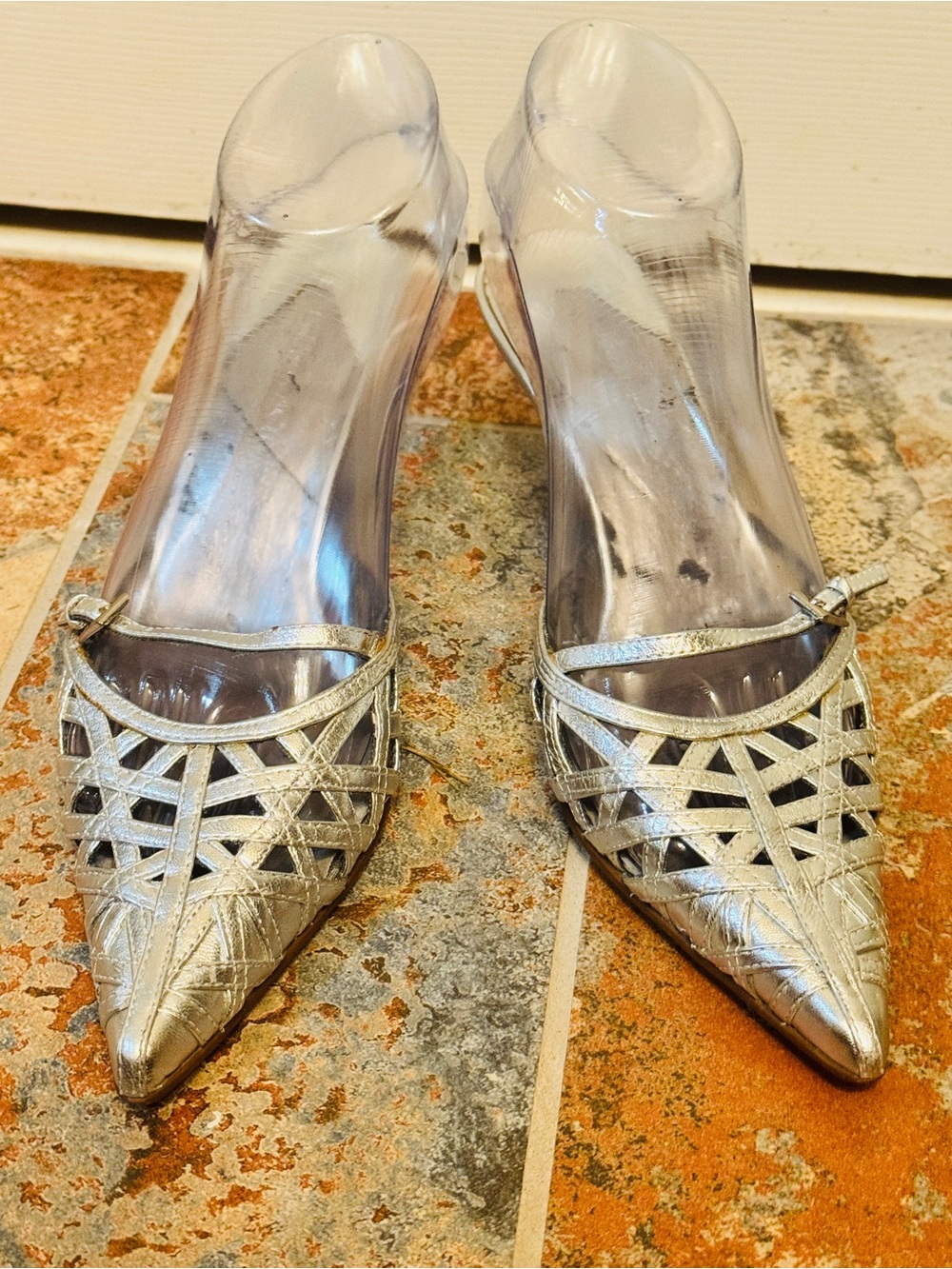 Coldwater Creek Metallic Silver Women's Pointed-Toe Strappy Slide Kitten Heels!